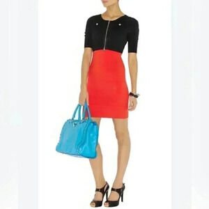 Karen Millen bodycon front zip long sleeve black and red body con mini dress 2